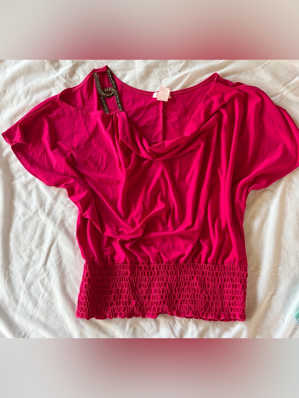 Women’s 2000s Hot Pink Drape-Neck Top with Smocked Waist